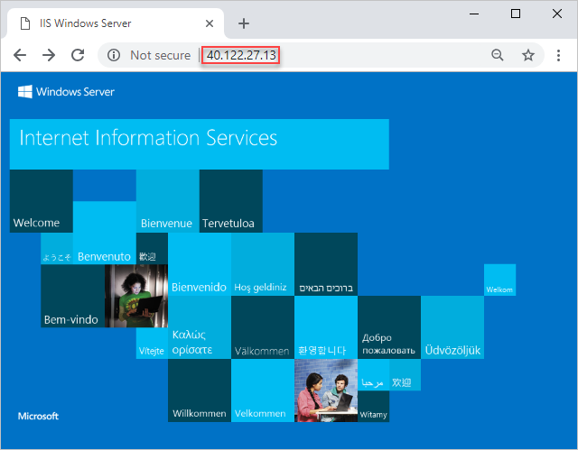 Captura de pantalla de la página de bienvenida de Internet Information Services.