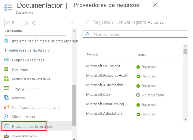 Captura de pantalla del Azure Portal mostrando la configuración de una suscripción, resaltando la opción 