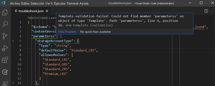 Screenshot of Visual Studio Code highlighting a template validation error with a red wavy line under the misspelled 'parameterss:' in the code.