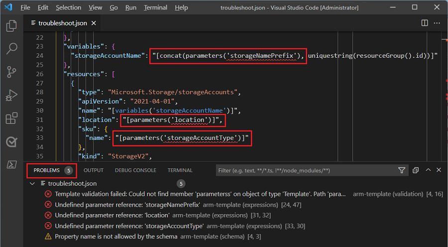 Screenshot of Visual Studio Code showing the Problems tab listing undefined parameter reference errors for 'variables' and 'resources' sections.