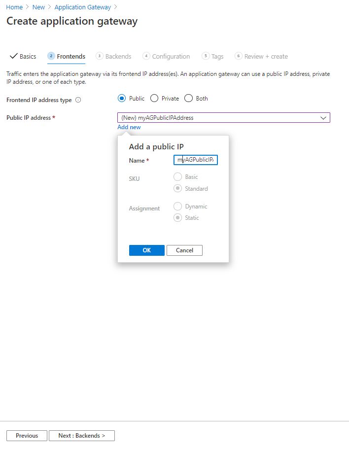 Captura de pantalla de la creación de una instancia de Application Gateway con la pestaña Frontends.