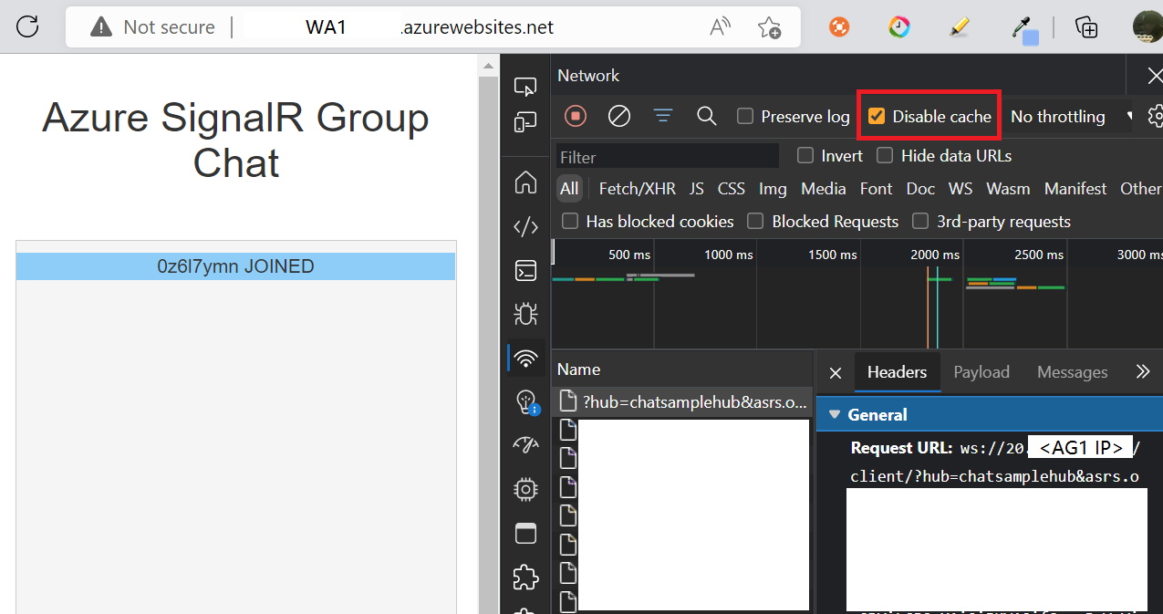 Captura de pantalla de ejecución de la aplicación de chat en Azure con App Gateway y SignalR Service.