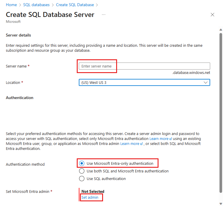Captura de pantalla que muestra la creación de un servidor con la autenticación solo de Microsoft Entra habilitada.