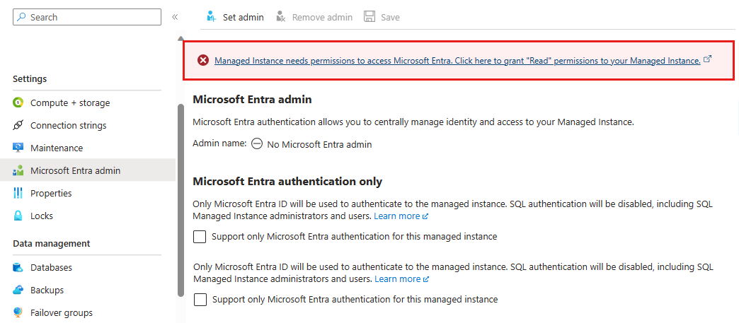 Captura de pantalla del menú de administración de Microsoft Entra de Azure Portal que muestra los permisos de lectura necesarios.
