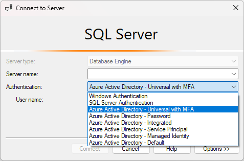 Captura de pantalla del cuadro de diálogo Conectar con el servidor en SSMS, con la opción 