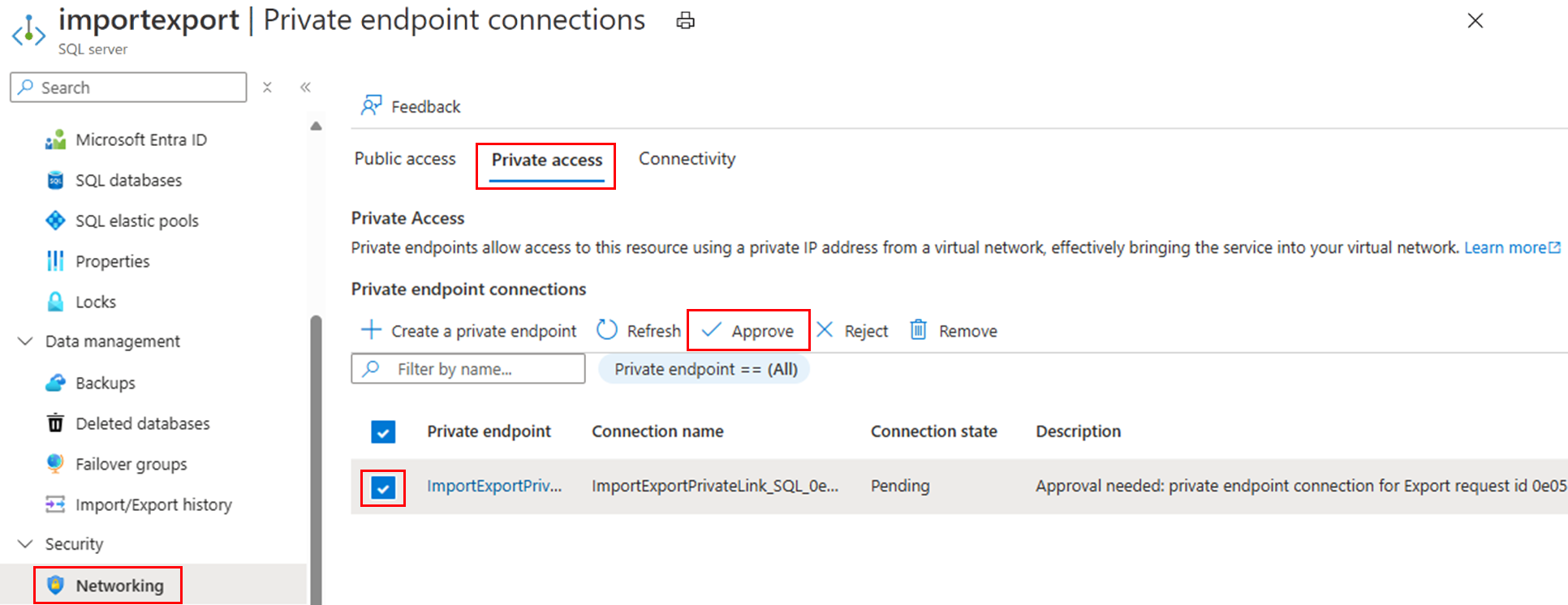 Screenshot from the Azure portal that shows how to approve Azure SQL Database Private Link.