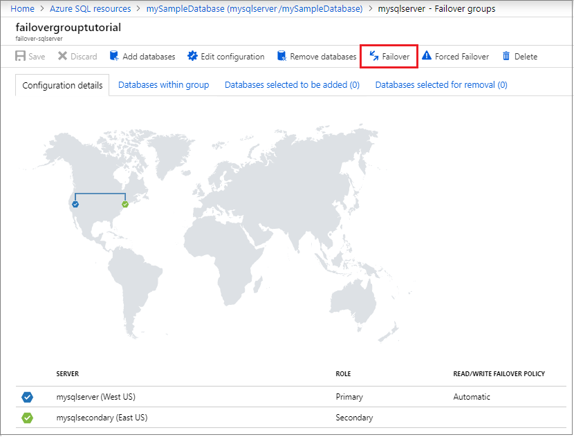 Captura de pantalla de la página Grupo de migración tras error en Azure Portal con la migración tras error seleccionada.
