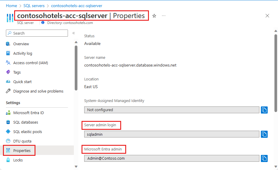 Captura de pantalla que muestra la página Propiedades de SQL Server donde puedes obtener los valores de inicio de sesión de administrador del servidor y los valores de administrador de Microsoft Entra.