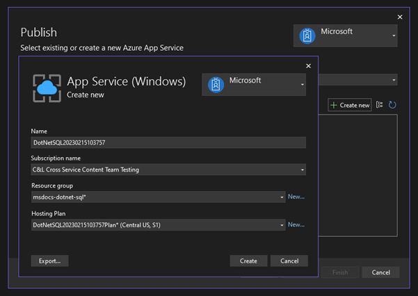 Captura de pantalla que muestra cómo realizar una implementación con Visual Studio.