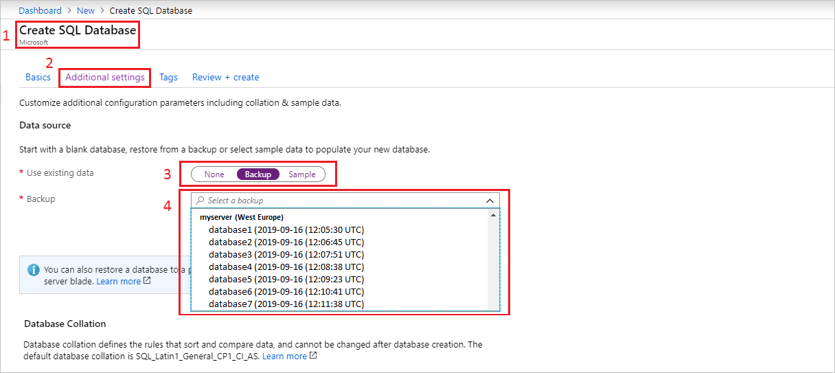 Captura de pantalla de Azure Portal que muestra opciones para crear una base de datos.