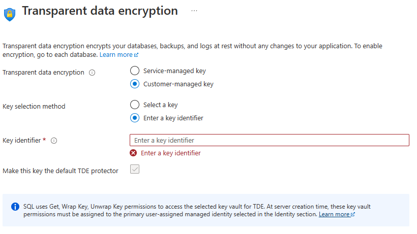 Captura de pantalla de la configuración de TDE mediante un identificador de clave.