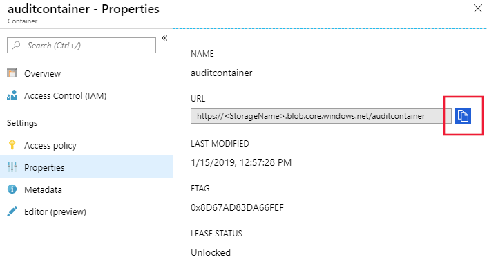 Captura de pantalla en la que se muestra la dirección URL de la copia del contenedor de blobs.