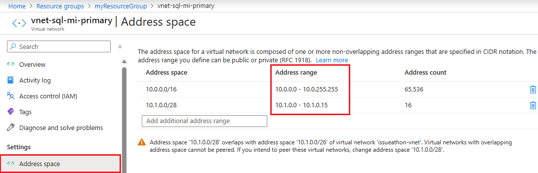 Captura de pantalla del espacio de direcciones de la red virtual principal en Azure Portal.