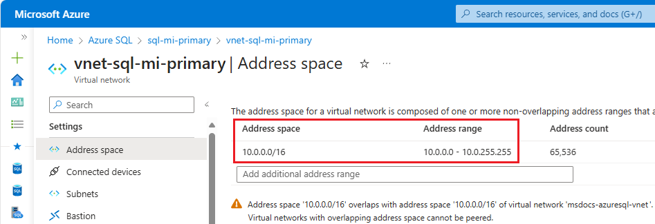 Captura de pantalla del espacio de direcciones de la red virtual principal en Azure Portal.