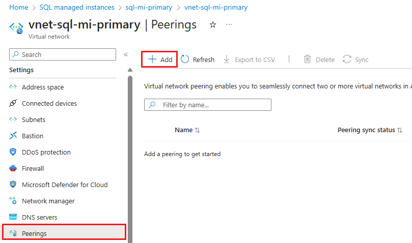 Captura de pantalla de la página de emparejamiento de una red virtual A en Azure Portal.