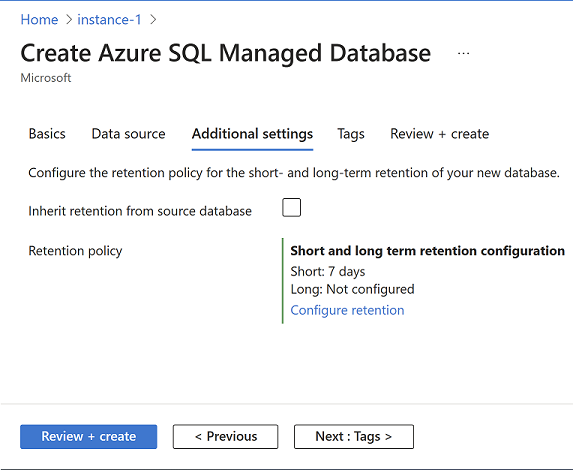 Captura de pantalla de Azure Portal que muestra la pestaña de configuración adicional de la página Crear instancia administrada de Azure SQL Database.