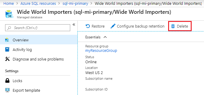 Captura de pantalla que muestra cómo eliminar una base de datos mediante Azure Portal.