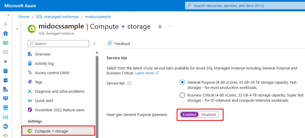 Captura de pantalla de la página de proceso y almacenamiento de la instancia en Azure Portal, con el uso general de nueva generación seleccionado.