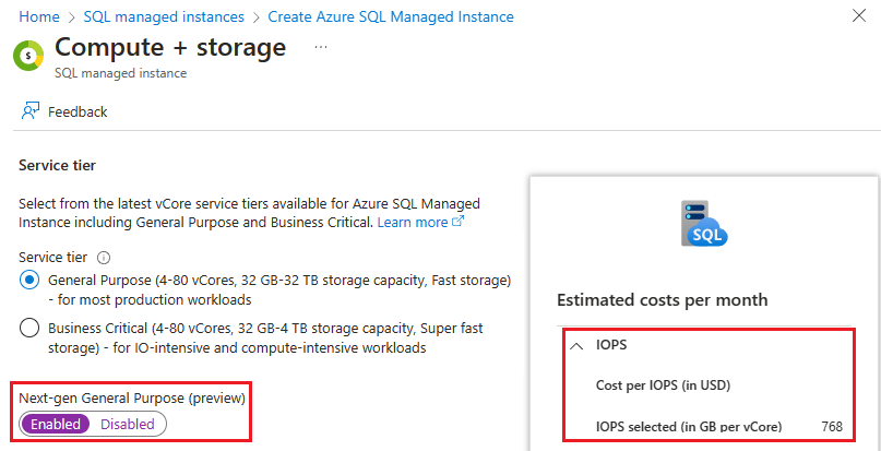 Captura de pantalla de la página proceso y almacenamiento al configurar la nueva instancia de Azure SQL Managed en el Azure Portal.