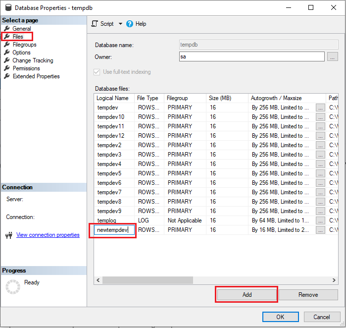Captura de pantalla de Propiedades de la base de datos en SSMS, con el nuevo nombre del archivo de base de datos resaltado.
