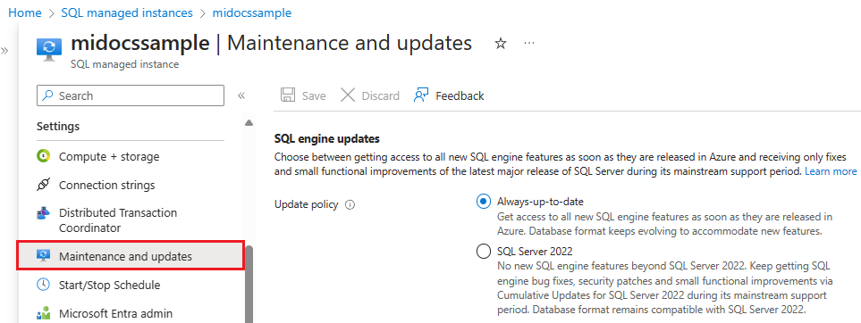 Captura de pantalla de la página la SQL Managed Instance de Azure Portal, con la directiva de actualización seleccionada.