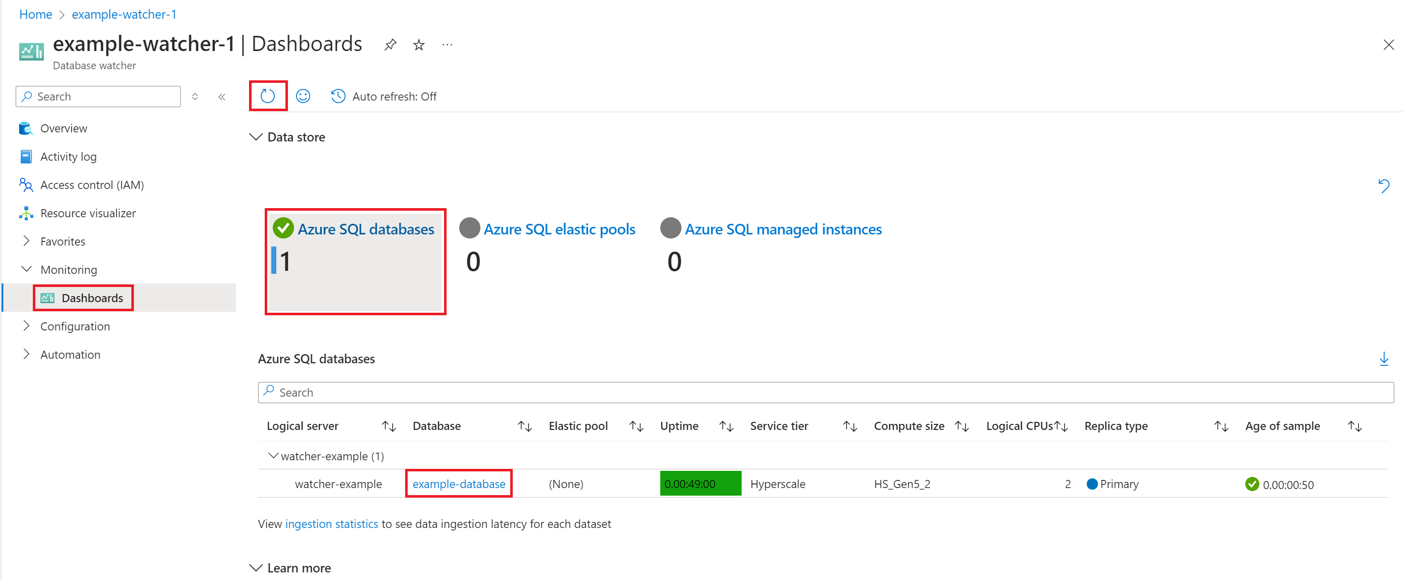 Captura de pantalla de la página de paneles de un monitor de base de datos, que muestra un destino supervisado y un vínculo para abrir el panel de supervisión para este destino.