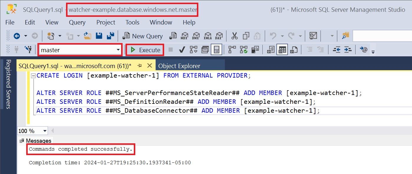 Captura de pantalla de una ventana de consulta de SQL Server Management Studio conectada a la base de datos maestra en un servidor lógico de Azure SQL, en la que se muestra un script T-SQL ejecutado correctamente que concede acceso a un monitor de base de datos.
