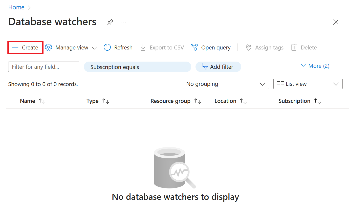 Captura de pantalla de la vista de monitores de base de datos con el botón Crear resaltado.