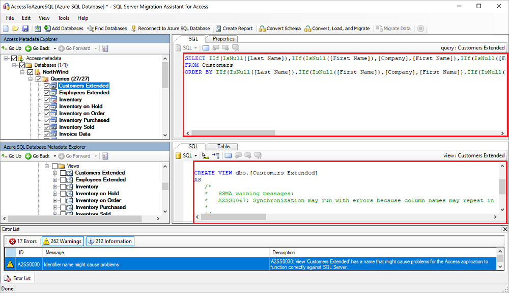 Captura de pantalla que muestra una comparación de las consultas convertidas con el código fuente.