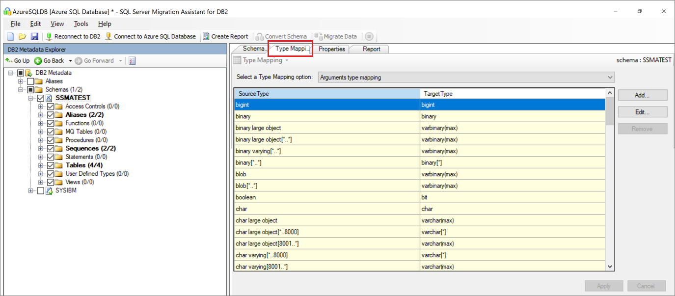 Screenshot that shows selecting the schema and type mapping.