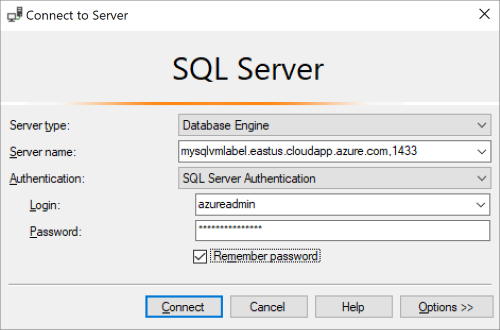 Captura de pantalla que muestra los detalles necesarios para conectarse a SQL Server en una VM de Azure.