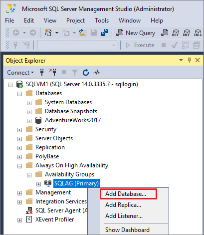 Captura de pantalla de SQL Server Management Studio que muestra las selecciones para agregar una base de datos a un grupo de disponibilidad.