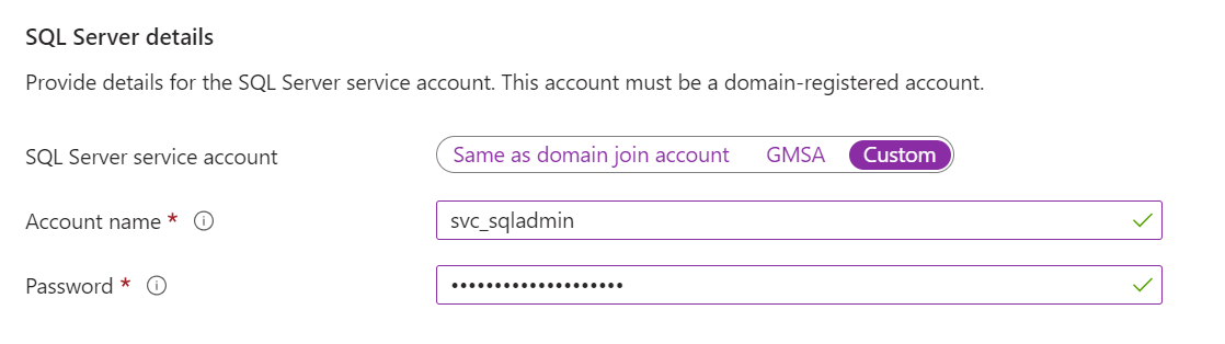 Captura de pantalla de Azure Portal que muestra información sobre una cuenta de servicio de SQL Server.
