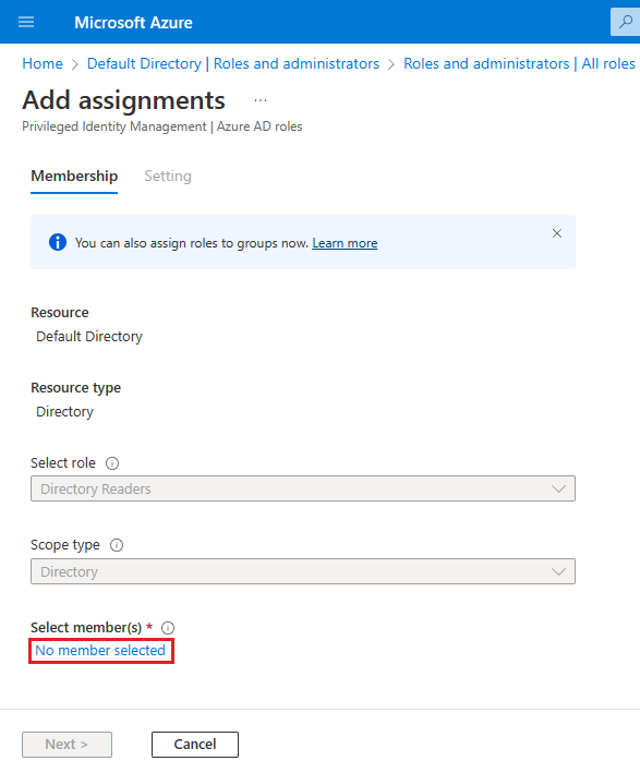 Captura de pantalla de la página Agregar asignación de Azure Portal, con Ningún miembro seleccionado resaltado.