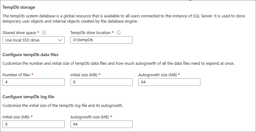 Captura de pantalla de Azure Portal que muestra los valores de configuración para el almacenamiento de tempdb.