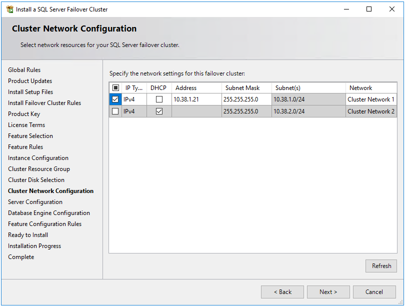 especifique la dirección IP secundaria en la subred de la primera máquina virtual con SQL Server que designó anteriormente como la dirección IP del nombre de red de la instancia de clúster de conmutación por error