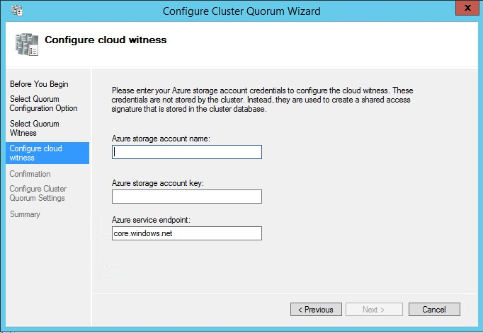 Instantánea del panel de configuración del testigo en la nube en el asistente para configurar el cuórum de clúster