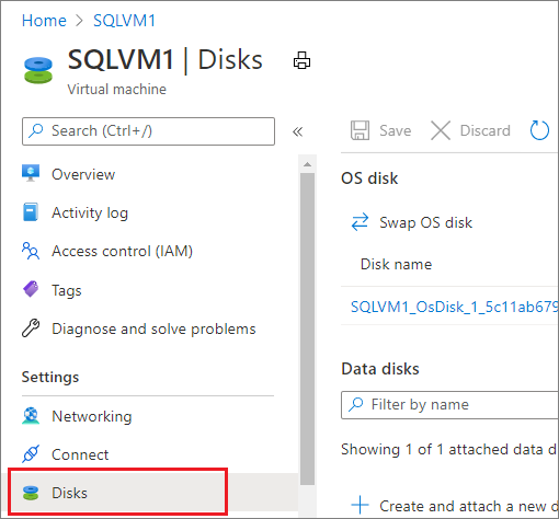 Captura de pantalla que muestra el panel de configuración de discos de máquina virtual en Azure Portal.