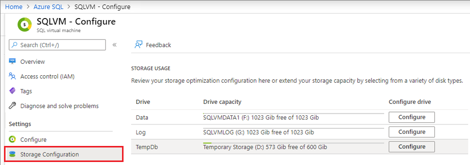 Captura de pantalla que resalta la opción Configurar y la sección Uso de almacenamiento.