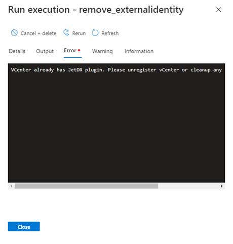 Captura de pantalla que muestra los errores detectados durante la ejecución de una ejecución.