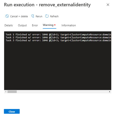 Captura de pantalla que muestra las advertencias detectadas durante la ejecución de una ejecución.