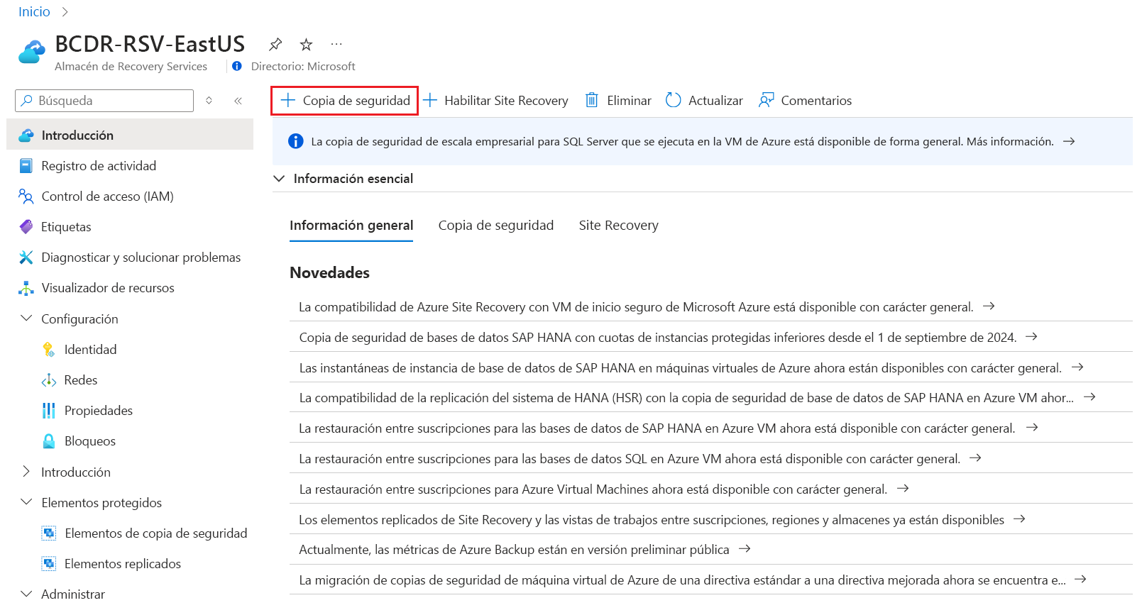 Captura de pantalla en la que se muestra la configuración de la copia de seguridad para Azure Files.