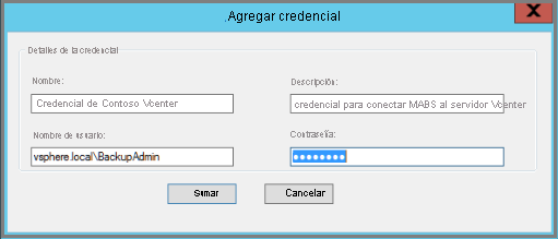 Screenshot shows the Azure Backup Server Add Credential dialog box.