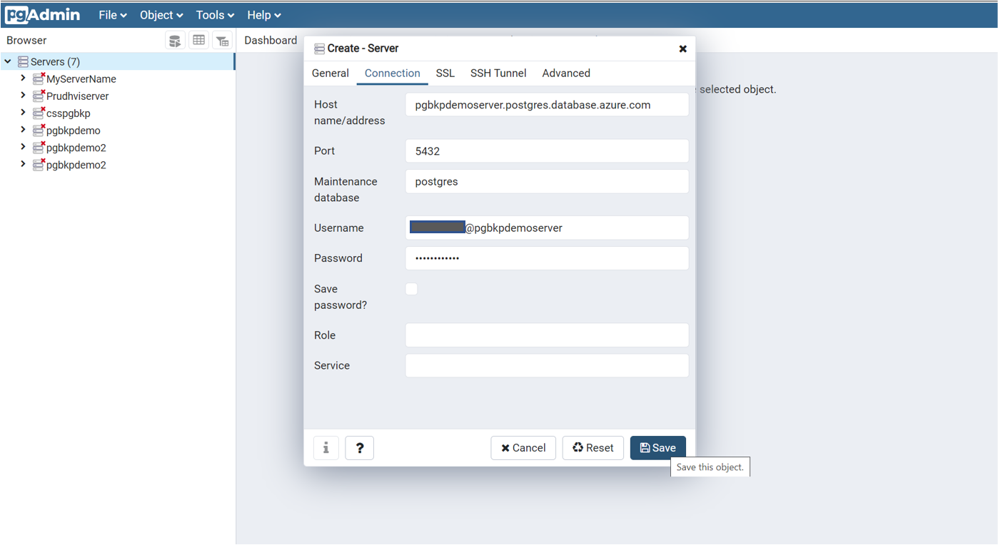 Captura de pantalla en la que se muestra la opción de crear un servidor mediante la herramienta PG admin.