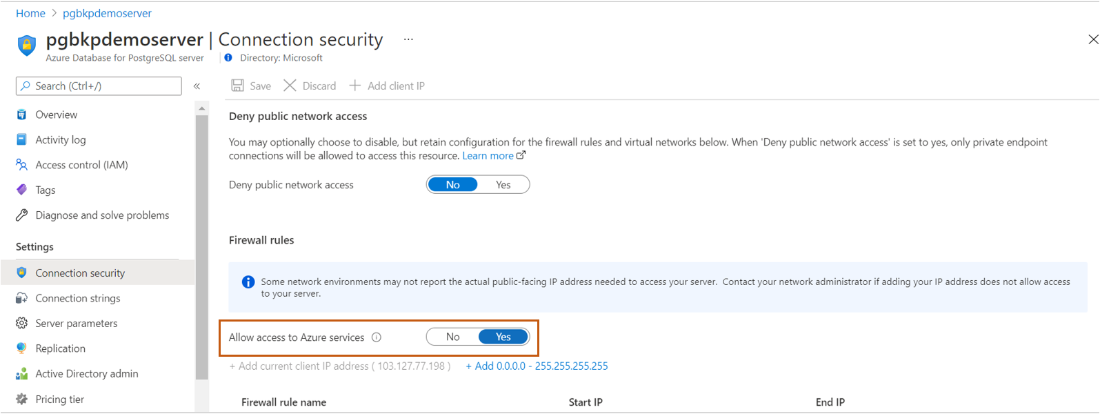 Captura de pantalla que muestra la opción de establecer el acceso a la línea de visión de red en el servidor de Azure Database for PostgreSQL.