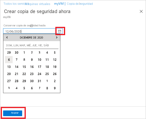 Captura de pantalla en la que se muestra el calendario de Hacer copia de seguridad ahora.