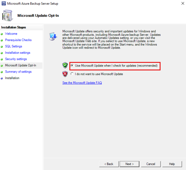 Captura de pantalla que muestra la página de participación en Microsoft Update.