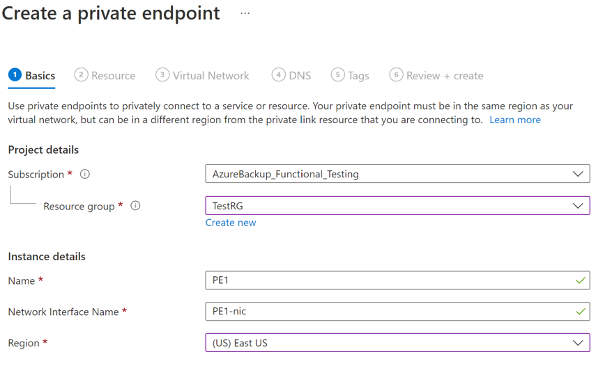 Screenshot showing the Create a private endpoint page to enter details for endpoint creation.