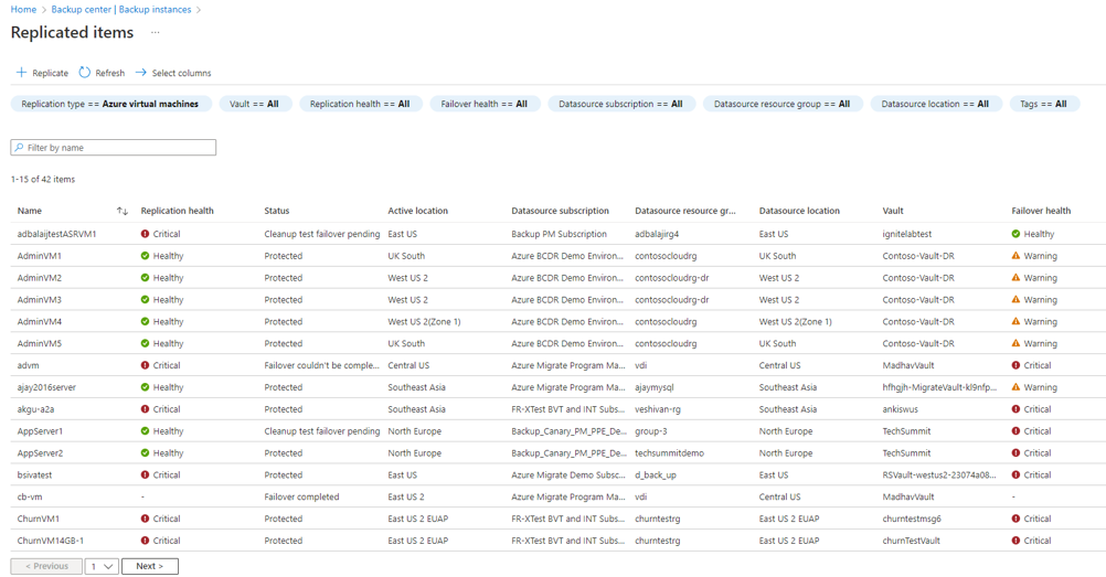 Captura de pantalla que muestra las instancias de replicación del Centro de copias de seguridad.
