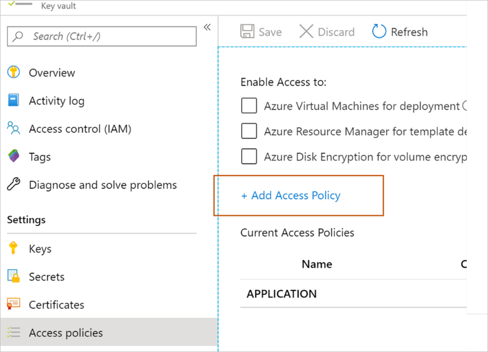 Screenshot that shows selections to add an access policy.